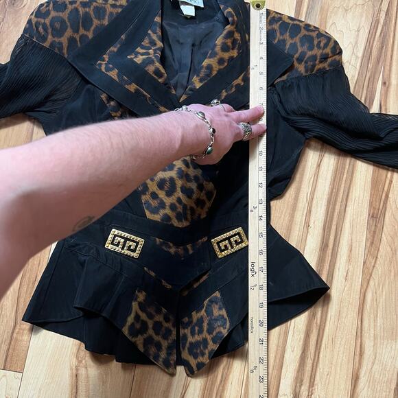 VINTAGE 80s Peplum Leopard Coat Blazer Size 4 Chiffon Glam Avant Garde - Picture 3 of 8